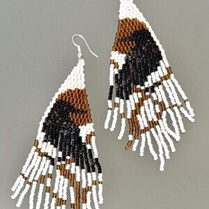 Hand Beaded Amber Black Raven Crow on Branch Seed Bead Tasseled Dangle Earrings